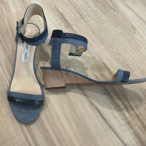 Jimmy Choo Mansy Ankle Wrap Wedge Sandal Blue Snake Skin 40.5 10.5 40 1/2
